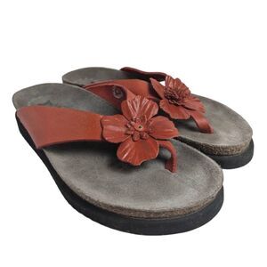 Mephisto Violette Brick Red Leather Flower Flip Flop Sandals 38 EU 7.5/8 US